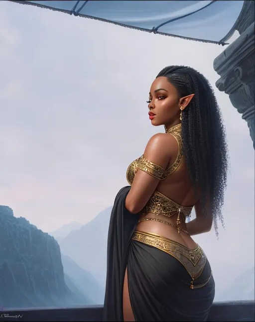 Prompt: UHD, 8k, high quality, ultra quality, cinematic lighting, special effects, hyper realism, hyper realistic, Very detailed, high detailed face, high detailed eyes, medieval, fantasy, woman, black skin, gorgeous, cute, thick girl, oil painting, elf, perfect face