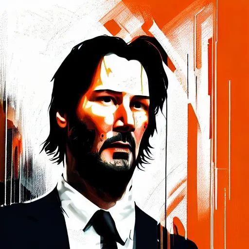 Prompt: portrait of Keanu Reeves, movie promotional image, martin ansin artwork, streaming on twitch, orange hue, shapeshifter, face icon, neo noir