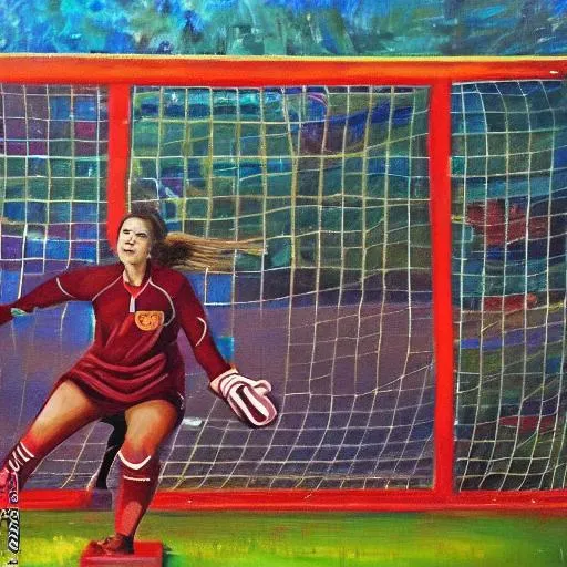 Prompt: of a brown hair soccer star woman as a goalkeeper and everyone behind the net in celebration cheering, scoreboard in background says 4 to 0, oil painting ultra high detail, cinematic