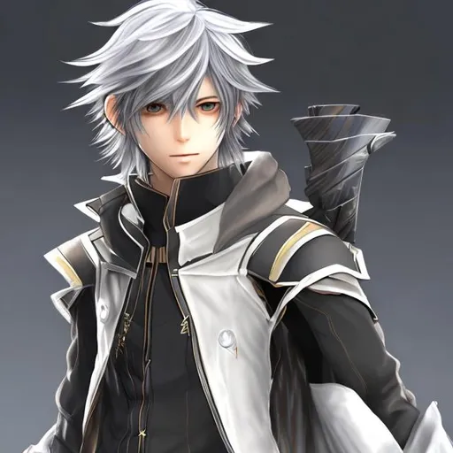Prompt: fire emblem themed lightning sage
white hair brown eyes clothes like noctis 
