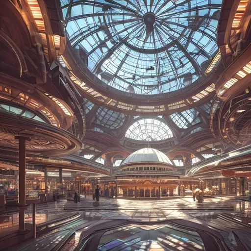 Prompt: futuristic busy enormous domed city, interior, tourist shopping plaza, transit arrivals, rainbow starburst glass roof, art nouveau, realistic details, photorealistic, 8k render, cinematic lighting, ultra detailed