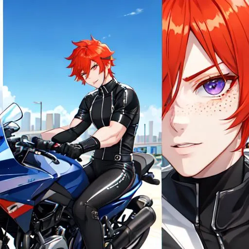 Prompt: Erikku male (short ginger hair, freckles, right eye blue left eye purple) muscular, riding a motorcycle. UHD, 8K, Highly detailed, wearing biker gear, driving on the freeway, close up, insane detail, best quality, high quality