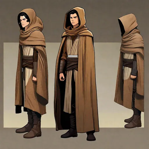 Prompt: Young male Jedi Padawan with neat black hair, short back hair, single black hair braid. Brown clothes. Brown traveling poncho with hood. Star Wars character art, detailed textured fabric. 
