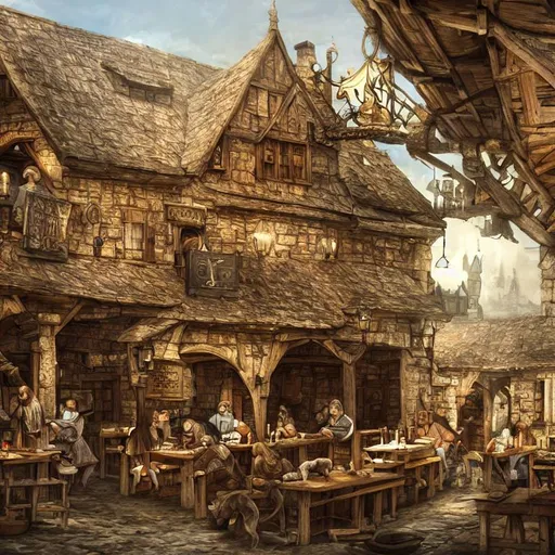 Prompt: A medieval tavern, texture, intricate, details, highly detailed, masterpiece, architecture, building, trending on artstation, focus, sharp focus, concept art, digital painting, fantasy, sunny, day, midday, dog