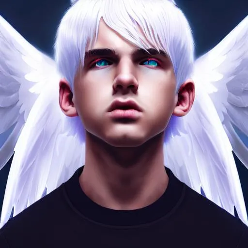 Prompt: action photo of angelic teen boy with glossy white hair and evil black  halo, clear background, perfect composition, hyperrealistic, super detailed, 8k, high quality, trending art, trending on artstation, sharp focus, studio photo, intricate details, highly detailed