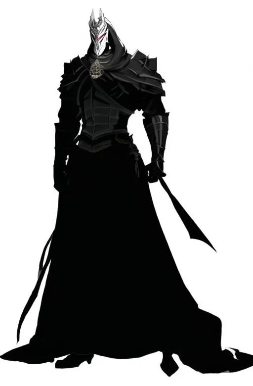 Prompt: A tall muscular knight with a white mask with cracked hole on the left of his mask. He wears a dark cloak. He wears dark armor.