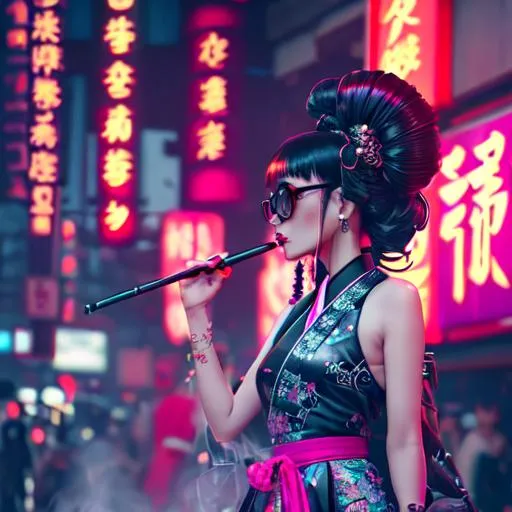 Prompt: legs cut in dress,highly detailed, smoking stick attached cig, perfect face, neon trimmed hanbok dress, angry, glasses, young asian street artist, holding spray can, goth makeup, cyberpunk futuristic, reflective, decorated with traditional Japanese ornaments by Ismail inceoglu dragan bibin hans thomas greg rutkowski Alexandros Pyromallis Nekro Rene Maritte Illustrated, fine details, realistic, full body