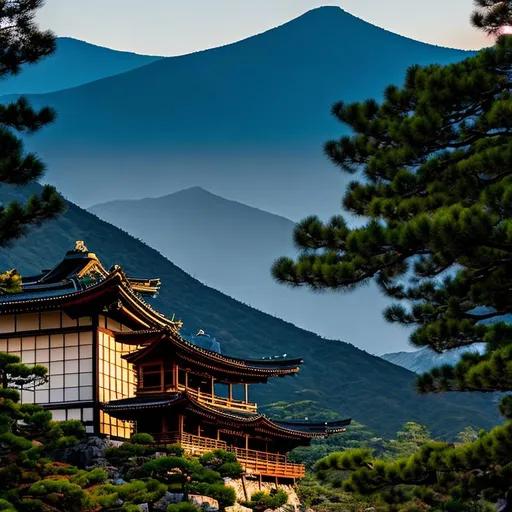 Prompt: japanese house, horror, at midnight ,  full moon over the mountains, mountain , dark forest , fire's ,  two samurai  fight