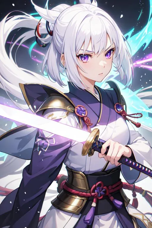 Prompt: 1girl, japanese armor, white hair, purple eyes, sword, ((holding sword)), blue flames, glowing weapon, light particles, wallpaper, chromatic aberration