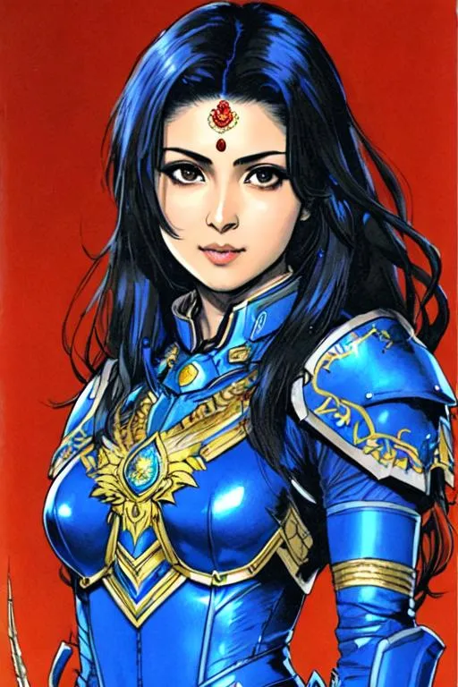 Prompt: (((Yoji Shinkawa))), sticker of ultra detailed portrait of Sadha  (Indian actress who mainly appears in Telugu, Tamil, and Kannada films)in blue holy armor,  high quality cell shaded illustration in post apocalyptic style by Yoji Shinkawa, ((full body portrait)), dynamic pose, perfect anatomy, centered, freedom, soul, blue long hair, approach to perfection, cell shading, 4k , cinematic dramatic atmosphere, watercolor painting, global illumination, detailed and intricate environment, artstation, concept art, fluid and sharp focus, volumetric lighting, cinematic lighting, Art by Yoji Shinkawa,