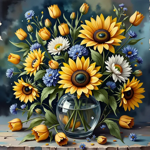 Prompt: This image is a digital painting in the style of Vincent van Gogh's "Sunflowers" series. It features a vibrant bouquet of sunflowers, tulips, and other flowers in a glass vase. The sunflowers dominate the composition with their large, radiant yellow petals and dark brown centers, while smaller yellow tulips and white and blue flowers intersperse among them. The flowers are rendered with thick, expressive brushstrokes, giving a sense of movement and energy. The background is a swirling mix of dark blues and greens, creating a dynamic, almost hypnotic effect that contrasts with the bright, warm colors of the flowers. The vase is a clear, cylindrical glass with a slightly reflective surface, positioned slightly to the right of the center. The table surface beneath the vase is depicted with a mix of light and dark blues, adding depth to the scene. The overall texture is rich and tactile, with visible brushstrokes that convey a sense of urgency and emotion. The image captures the essence of van Gogh's post-impressionist style, with its bold use of color and dynamic composition.