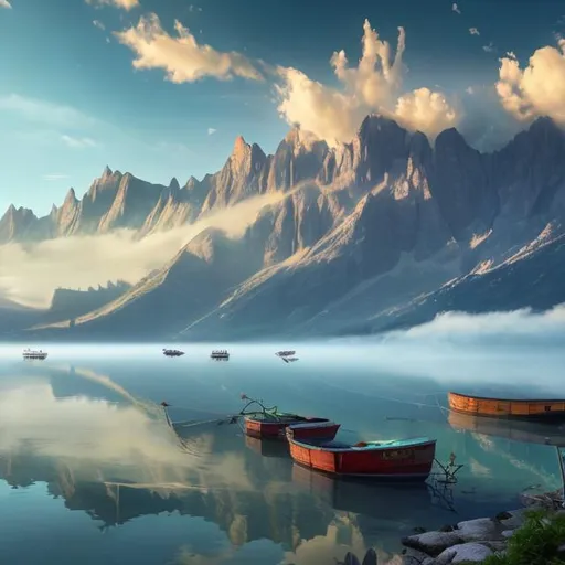 Prompt: A lake with fishing boats that sits in front of Grand mountains that stretch into the clouds in a Fantasy Setting