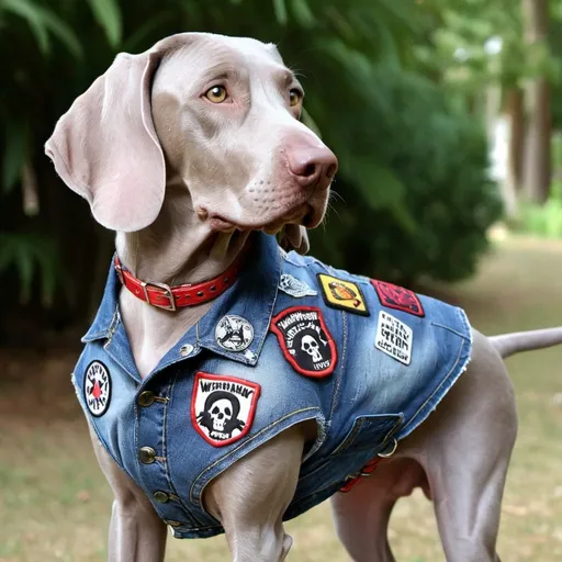 Prompt: weimaraner wearing a heavy metal music denim vest with patches