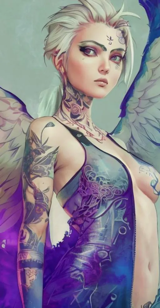 Prompt: beautiful female warrior with tattoos and wings with a cyberpunk background