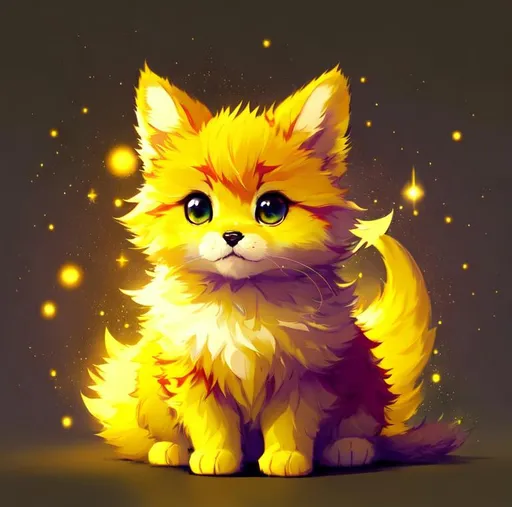 Prompt: Cute, yellow, fluffy, fantasy light puppy, with lighting, yellow eyes, yellow fur, and possessing the element of space and making circles of lighting stripes
 move around in the air in a magical way, in a space background. Perfect features, extremely detailed, realistic. Krenz Cushart + loish +gaston bussiere +craig mullins, j. c. leyendecker +Artgerm.