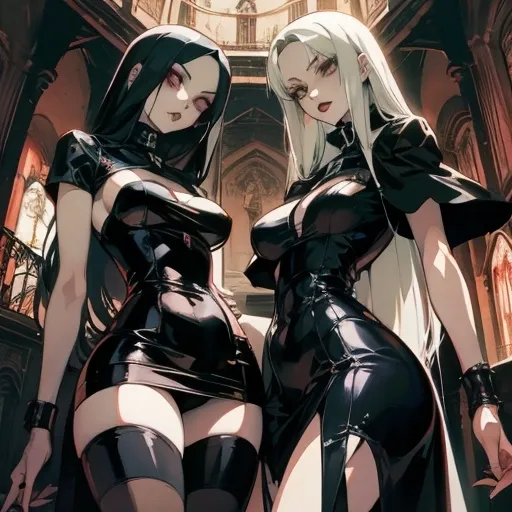 Prompt: Goth nuns, strolling with elongated legs in Hellsing-inspired proportions, showcasing idealized anatomy, face epitomizing classic beauty, adorned in post-punk attire, captured from a low angle, digital painting evokes the essence of 1990s anime in a form that emphasizes dramatic lighting, ultra fine details. Best quality possible, HD , 8K