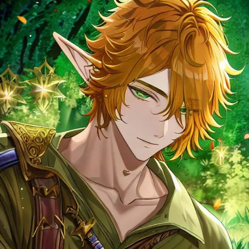 Prompt: Fluffy messy ginger hair, green eyes, fantasy, D&D, detailed, young, male, elf, boy, portrait