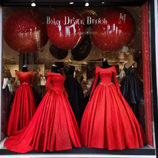 Prompt: Big sparkly red ball gowns being displayed in the windows of a store titled “Tuxedos, Ball Gowns, & Witch Ware”