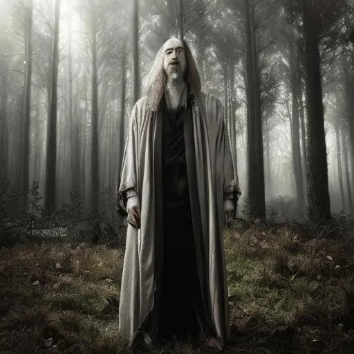 Prompt: a tall noble with long white hairs, dark robe in a gloomy forest, scars, evil grin, terrifying, highly detailed, digital art, ambient light, dark atmosphere, detailed linework, hyperrealistic