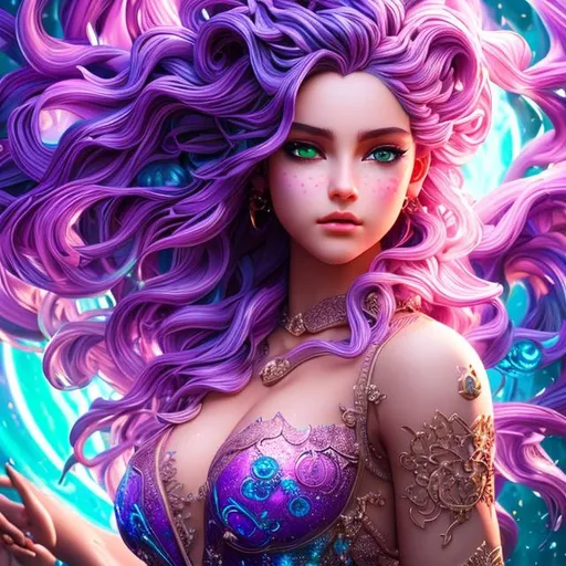 Prompt: Splash art masterpiece of a female posing young fairy woman with ((hyperdetailed wild hair)) and ((hyperdetailed green eyes)) and beautiful hyperdetailed feminine soft face and big lips, backlit, intricately hyperdetailed hair subsurface scattering, showing a little cleavage and visible abdominal muscles, abs, toned body, bokeh purple lavender field background, cinematic lighting, backlight, action shot, intricately hyperdetailed, perfect face, perfect body, perfect anatomy, hyperrealistic, sharp focus, dark fantasy, volumetric studio lighting, occlusion, ultra-realistic, 3d lighting, beauty, sensual feminine romance, professional, sensual feminine, perfect composition, unreal engine 8k octane, 3d lighting, UHD, HDR, 8K, render, HD, trending on artstation, front view, 