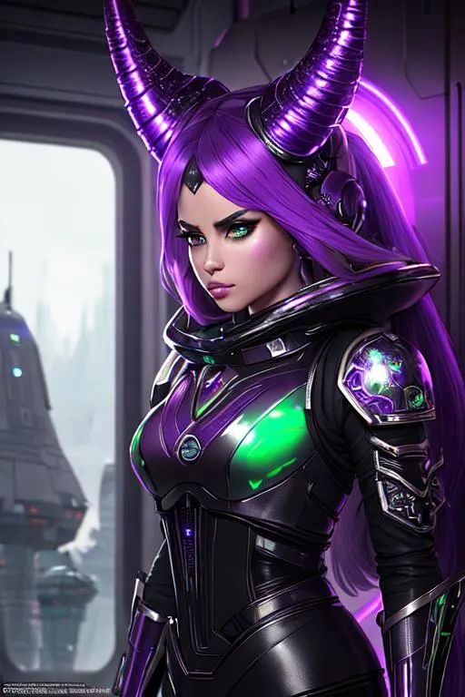 Prompt: Female alien from Star Wars, horns side of head, purple and green skin, wearing black leather dress  and metal shoulder pads, in a metal corridor, metal windows looking to cosmo space, concept art, front, epic Instagram, artstation, hyperdetailed intricately detailed, unreal engine, fantastical, intricate detail, splash screen, complementary colors, fantasy concept art, 8k, deviantart masterpiece, oil painting, heavy strokes, splash arts
soft smile, happy, perfect face, perfect eyes, perfect teeth, perfect body, perfect anatomy, beautiful body, trending on instagram, trending on tiktok, trending on artstation, trending on cgsociety, white sclera, photorealistic, masterpiece, cinematic, 16k artistic photography, epic, drama, romance, glamour, beauty, cinematic lighting, dramatic lighting, insanely detailed, soft natural volumetric cinematic lighting, award-winning photography, rendering, hd, high definition, highly detailed