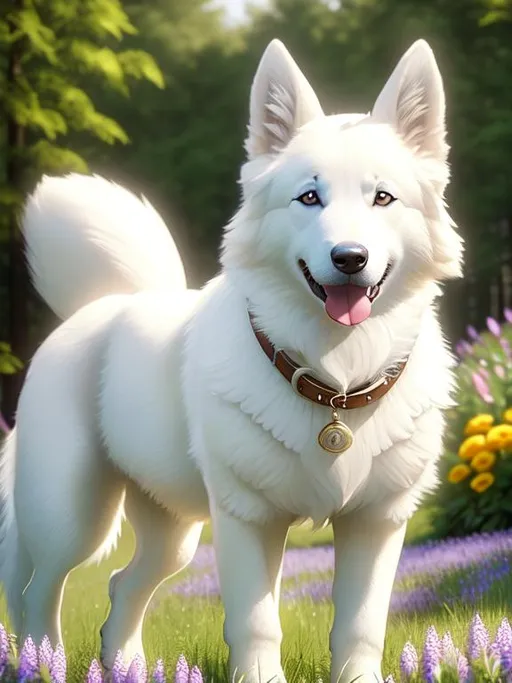 Prompt: Disney Pixar style cute white shepherd dog, highly detailed, fluffy, intricate, big eyes, adorable, beautiful, soft dramatic lighting, light shafts, radiant, ultra high quality octane render, daytime forest background, field of flowers, bokeh, hypermaximalist