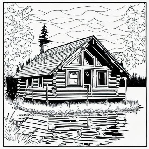 black and white coloring page of a cabin in the wood... | OpenArt