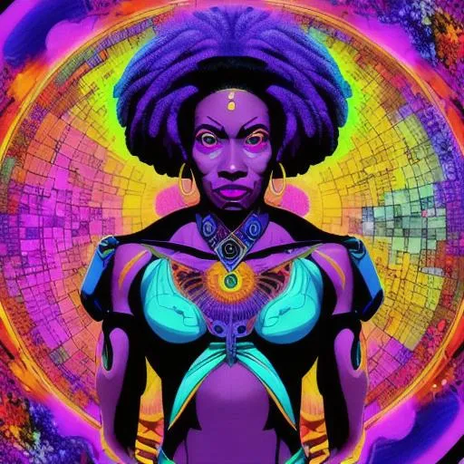 Prompt: african american woman mapping the omniverse, dynamic action, colorful,  tenebrism + weird core art