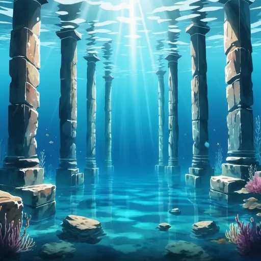 Prompt: underwater pillars, turquoise, quiet rock site
anime style, illustrated
