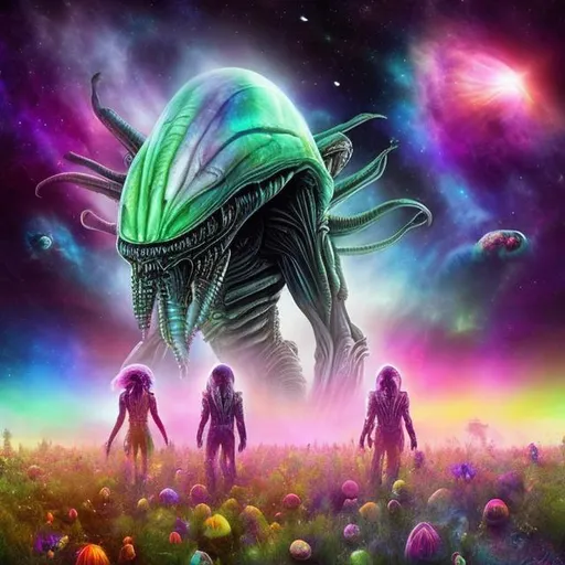Prompt: Aliens walking in a field with flowers.  Space ship in the sky.  Phychadelic theme