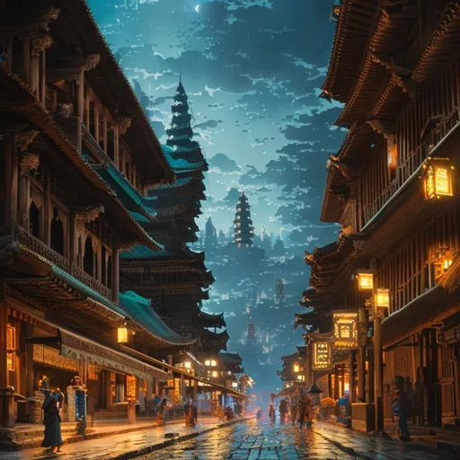 Prompt: Ancient city at night, perfect composition, hyperrealistic, super detailed, 8k, high quality, trending art, trending on artstation, sharp focus, studio photo, intricate details, highly detailed, by makoto shinkai, stanley artgerm lau, wlop, rossdraws, concept art, digital painting