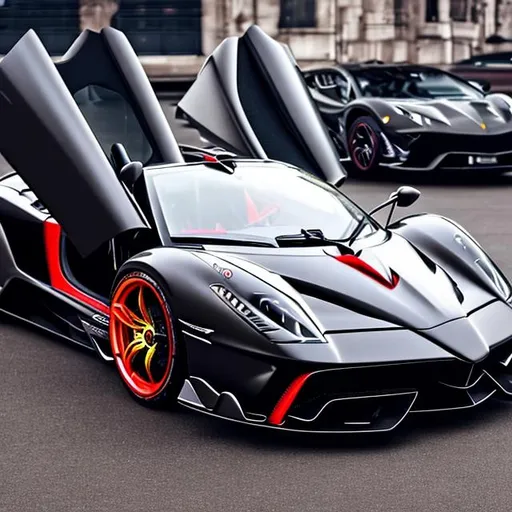 Prompt: A car which look like a mix of farrari and pagani with mc laren and lamborghini characteristics
