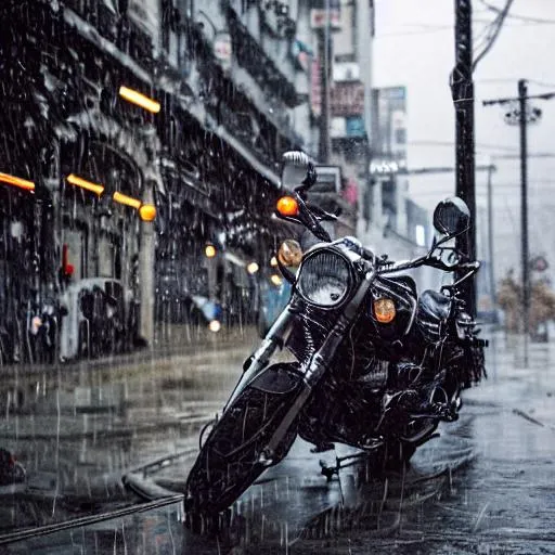Prompt: Motorcycle in a cyberpunk city rain