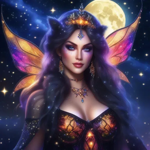 Prompt: A complete body form of a stunningly beautiful, hyper realistic, buxom woman with incredible bright, wearing a colorful, sparkling, dangling, glowing, skimpy, bo-ho, goth,  flowing, sheer, fairy, witch's outfit on a breathtaking night with stars and colors with glowing, detailed  mythical sprite flying about