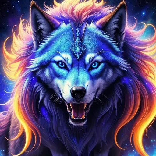 Prompt: add hair, add fur, remove legs, insanely beautiful (wolf), ancient, celestial guardian, quadrupedal canine, growling, glaring, global illumination, psychedelic colors, illusion, finely detailed, stunning {sapphire blue eyes}, calm, detailed face, beautiful detailed eyes, beautiful defined detailed legs, beautiful detailed shading, stunning, hyper detailed face, hyper detailed eyes, masterpiece, epic anime scenery, professional oil painting, epic digital art, best quality, bulky, highly detailed body, (lightning halo), tilted halo, {body crackling with lightning}, billowing wild fur, dense billowing mane, lilac magic fur highlights, majestic wolf queen, magic jewels on forehead, presenting magic jewel, lightning blue eyes, flaming eyes, ice elements, (auroras) fill the sky, (ice storm), crackling lightning, (lightning halo), tilted halo, corona behind head, highly detailed pastel clouds, lightning charged atmosphere, full body focus, presenting magical jewel, beautifully detailed background, cinematic, Yuino Chiri, Anne stokes, Kentaro Miura, 64K, UHD, intricate detail, high quality, high detail, golden ratio, symmetric, masterpiece, intricate facial detail, high quality, detailed face, intricate quality, intricate eye detail, highly detailed, high resolution scan, intricate detailed, highly detailed face, very detailed, high resolution, medium close up, close up