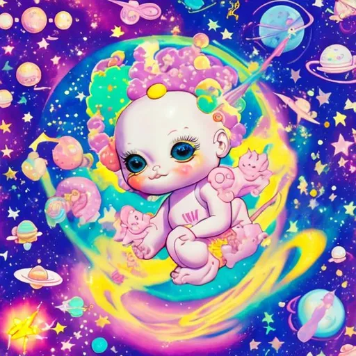 Prompt: Kewpie in outer space in the style of Lisa frank