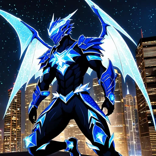 Prompt: anime, an evil, stount, heroic, all white spiked fully dragon armored ninja with a glowing blue gem in his chest and knees, with glowing blue luminescent see through wings made of blue energy with small golden sparkles twinkling around them, standing at the edge of a skyscraper looking down at austin