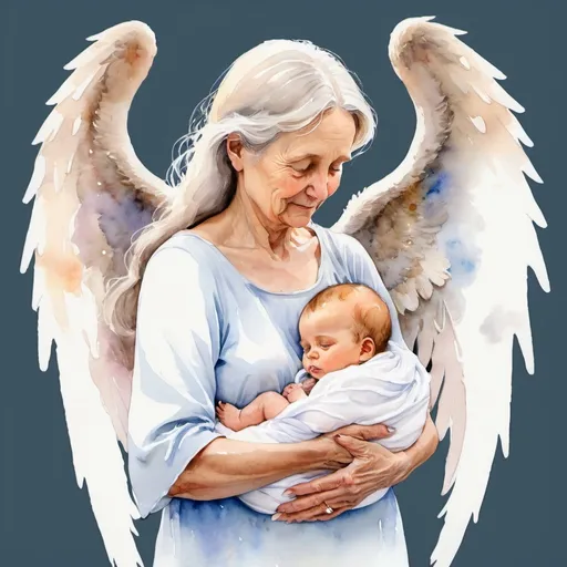 Prompt: older mother with angel wings holding baby watercolor