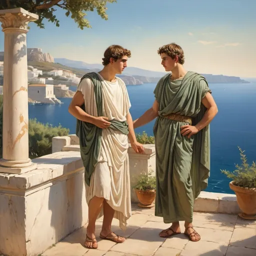 Prompt: two young Greeks chatting on a large terrace and a view of the Mediterranean Sea, scene from ancient Greece, 1st century, period tunics, painting style