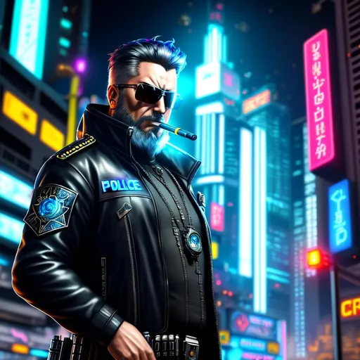 Prompt: Science fiction fantasy art, action shot, cyperpunk fan art render, hyperrealistic, super detailed, 8k, high quality, intricate details, highly detailed, cyberpunk theme, cyberpunk city at night background, Middle-aged police officer smoking a cigarette, pissed off mood, sunglasses, detailed cybernetic eyes, beard, HDR, ray-tracing, hyper-detailed, half robot half human body, science fiction fantasy, long messy hair, unreal engine 5, 8k detailed, digital, artstation, hd, octane render, dynamic shadows, intricate details, 8k, cinematic volumetric light, proportional, art trending on artstation, intricate details, highly detailed, intricate artwork masterpiece, ominous, intricate, epic, highly detailed, vibrant, wide angle lens, closed aperture 