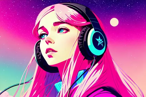 Prompt: girl wearing headphones,pink long hair, mountain background, star sky, moons, aesthetically pleasing pastel colors, poster background, art by conrad roset and ilya kuvshinov, pop art, lofi, neon colors