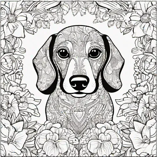 Prompt: coloring book template, cute, dachshund, coloring page for kids, pen drawing, without colors, ultra detailed, 4k, white border