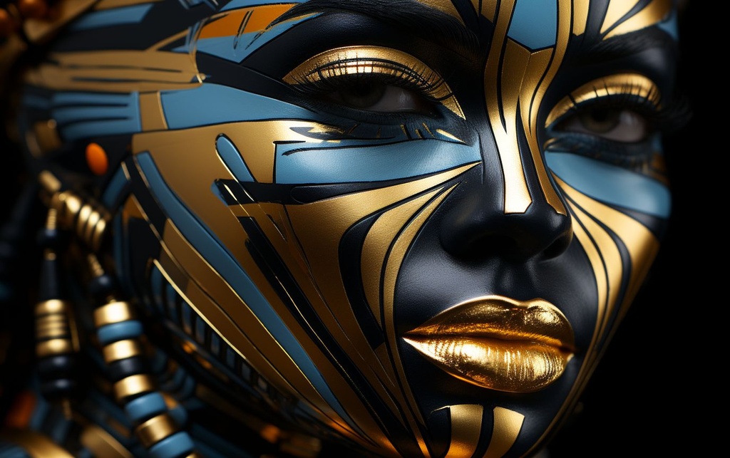 Prompt: a woman's face with bold strips of color on it, in the style of silver and gold, egyptian x egyptian patterns, airbrush art, ramses younan, 8k 3d, patrick brown, imaginative characters, dazzling chiaroscuro