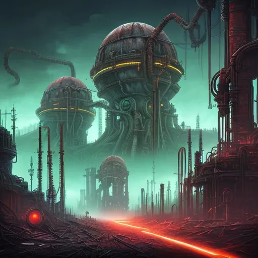 Prompt: Fantasy art style, painting, metal, chrome, Evil, dictatorship, green neon lights, neon lights, green lights, futuristic, power plant, nuclear power, biological mechanical, dystopian, war machine, pipes, cityscape, brutalist, fog, smog
