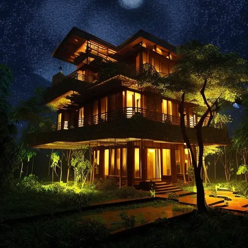 Prompt: one forest and one house  ., night feel horrer house and lighting falsa. and near single tree not leafe and woolf lahping
