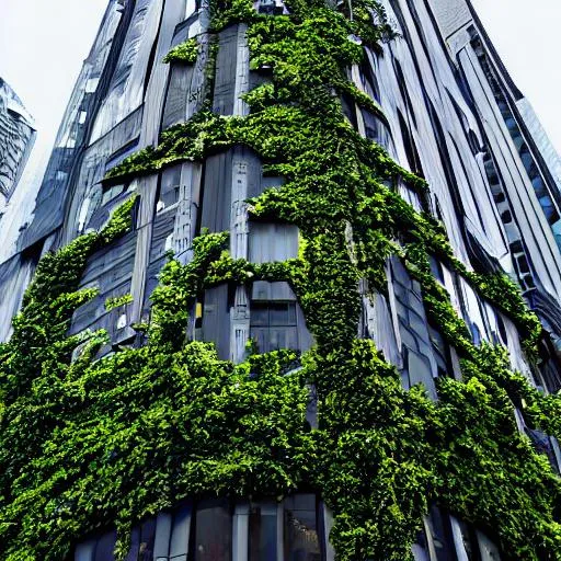 Prompt: photograph of a skyscraper with ivy leaves covering the facade, architectural digest, urban architecture