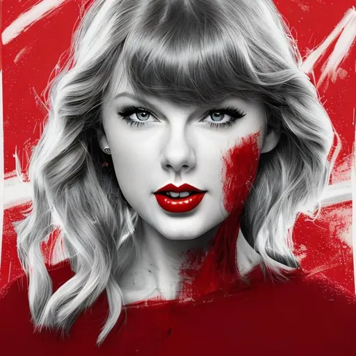 Prompt: generate me a Taylor Swift album cover concept with no words whatsoever on it as a redisign of her album cover for Red, which features a portrait of taylor in with a red lip, a red aesthetic true to her era of Red and Red (Taylor's Version). it must be highly realistic detailed, 4k HD , a detailed face with no words. it must include taylor's long golden hair. it CANNOT be colorful