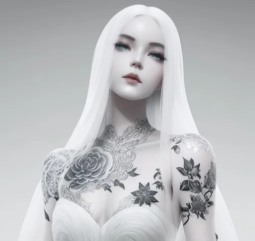 Prompt: Woman Ethereal ceramic white. 3d delicate tattoos drawing. Surreal Dream . Ceramic pale skin. sharp focus. detailed, portrait, beautifully lit, ethereal, bleak,  art by stanley artgerm,   artstation fang xinyu,  huang guangjian and gil elvgren and sachin teng, Evan Lee, pilyeon, Zeronis, Viktoria Gavrilenko