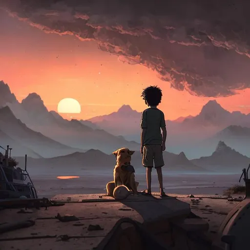 Prompt: a boy views a beautiful sunset atop a boat. Behind him is a passing violent storm. The boy lives in a barren and desolate world. He is alone except for a dog next to him. His lone companion. To his right, he sees a cluster of mountains shrouded in mist, full of mystery. He is unsure about what might happen next as he gets ready for his next adventure In this strange and apocalyptic world. But him and his dog are ready.