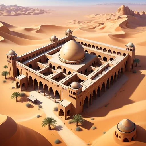 Prompt: Fantasy Illustration of a caravanserai, Arabian architecture, entire structure, bird view, immersive world-building, high quality, detailed, epic scale, fantasy, surrounded by desert